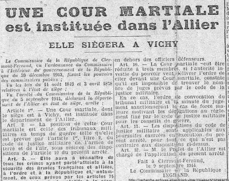SeptembreOctobre 1944 La cour martiale de Vichy; une première